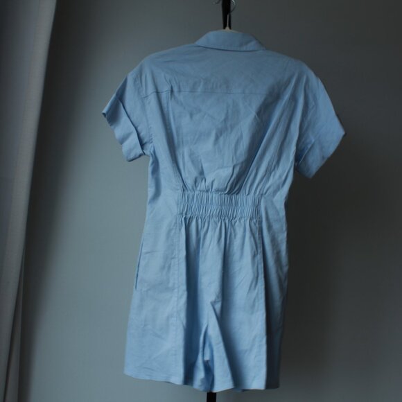 Theory Romper Button Up Shorts Pockets Collar Pale Blue - Picture 2 of 10